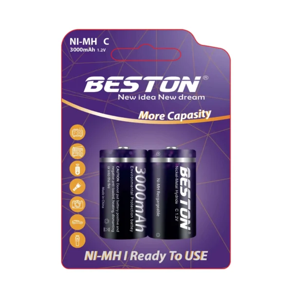 Beston Rechargeable NI-MH C Batteries 3000mAh 1.2V 2 PCS