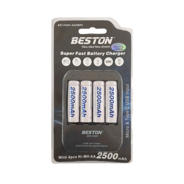 BESTON Battery Charger BST-C6201 with 4 PCS Ni-MH AA 2500mAh